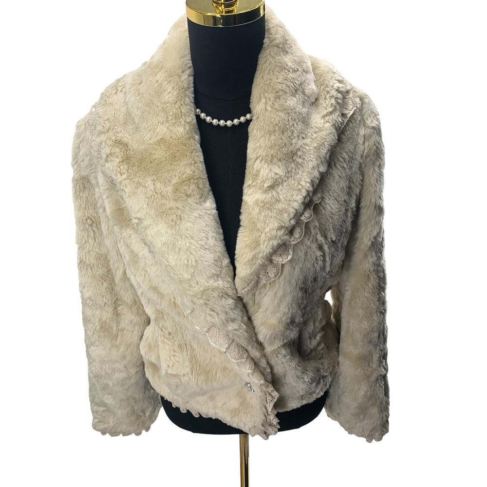 Black Rivet Faux Fur Jacket Cream Lace Trim Rhinestone Button Women Small